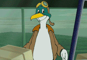 This is actually a texture extracted from the game's files. I don't know what it's doing there tbh. More on that later though. A screen capture of the penguin from Kid Pilot smiling.