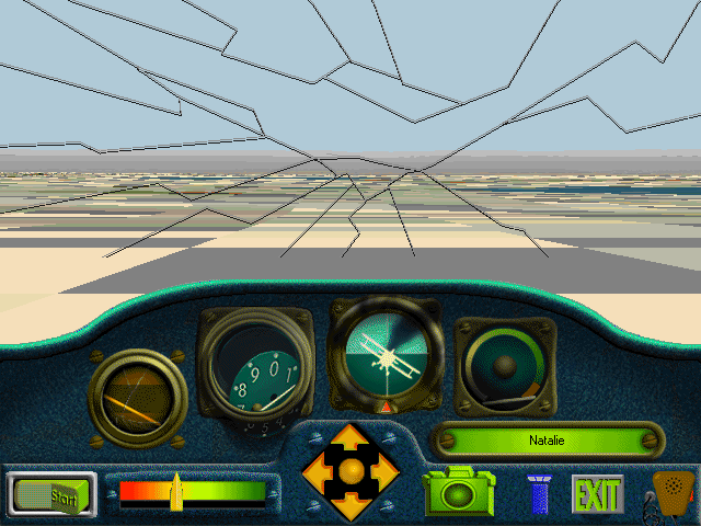 Good thing there were no buildings where I crashed. Just incredibly large texels. A screenshot from Kid Pilot. The plane has crashed but there's no popup on screen, just a cracked windshield and other damage to the UI.