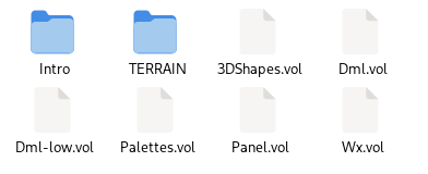 Ugh... why did these devs have to be efficient and load things together instead of just slam all their files raw on the disc? The `Art` directory in Kid Pilot's files: a directory named `Intro`, a directory named `TERRAIN`, and files named: `3DShapes.vol`, `Dml.vol`, `Dml-low.vol`, `Palettes.vol`, `Panel.vol`, `Wx.vol`