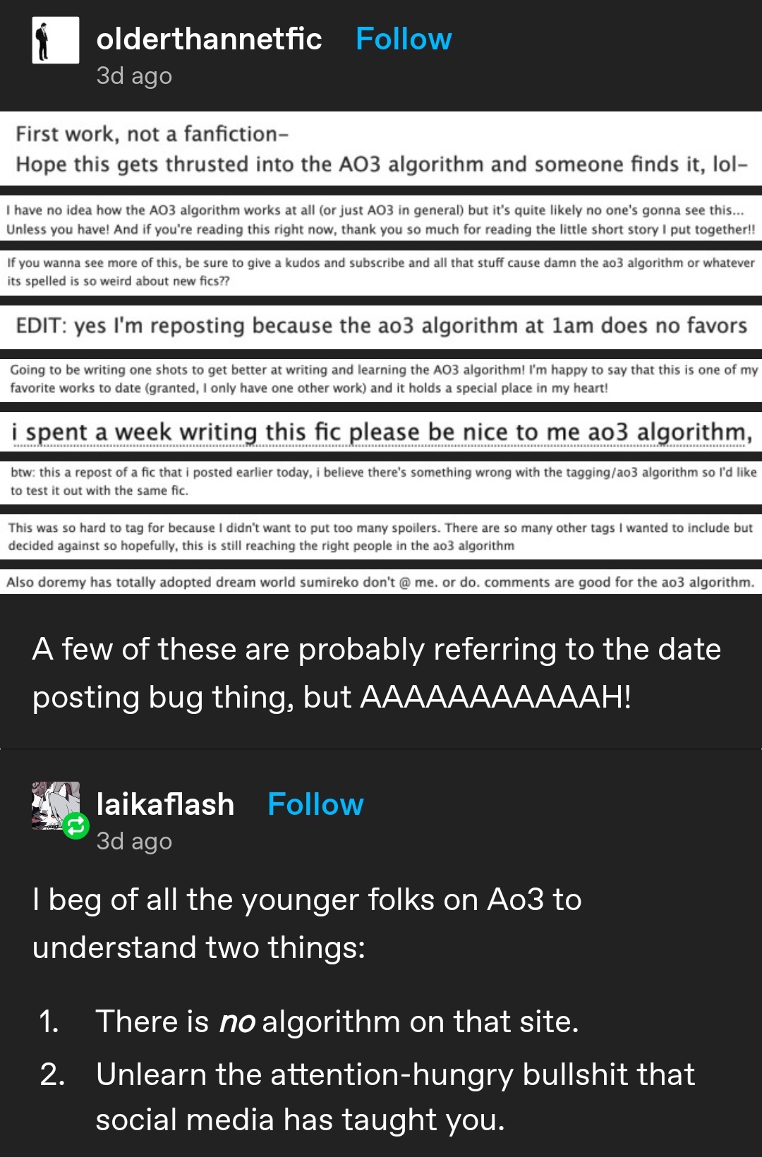 A tumblr post showing younger people hoping to be "blessed by the algorithm" on AO3, a fanfiction website without any suggestion algorithms.