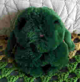 A really fuzzy green bunny plush. It's not easily recognizable as a bunny.